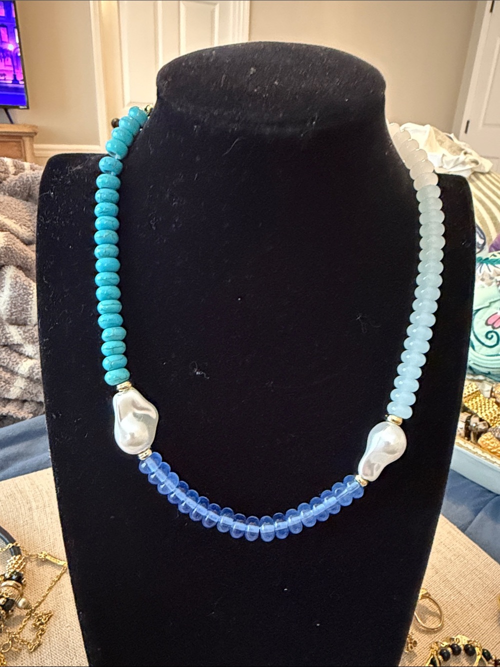 Handcrafted Blue & Teal Beaded Necklace with Baroque Pearls
